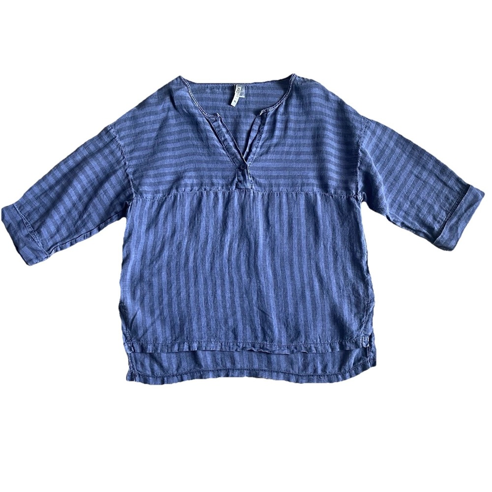 XCVI 100% Linen Blouse XS Blue Striped V-Neck Boxy Shirt Oversized Lagenlook